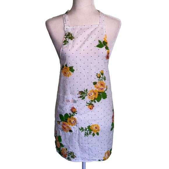 Homemade Bib Apron White w/Yellow Flowers Cottage Kitchen Cotton One Pocket - Picture 1 of 4